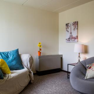 A cozy living room featuring comfortable seating, vibrant cushions, and decorative elements.