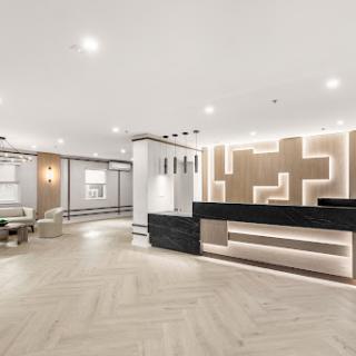 A sleek and modern lobby featuring elegant design elements and sophisticated lighting.