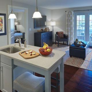 A modern open concept kitchen and living room with stylish decor and furniture.