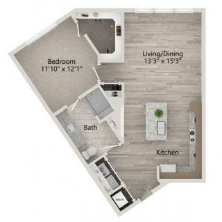 A floor plan of a one-bedroom apartment with designated areas for a living/dining room, kitchen, bathroom, and bedroom.