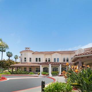 A sunny view of a large building with palm trees and landscaped grounds.