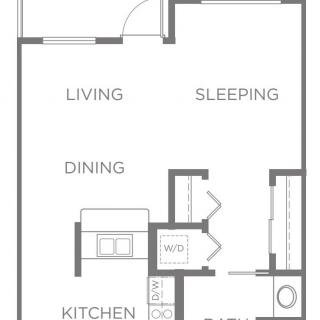 Studio apartment floor plan with living, sleeping, kitchen, and dining areas.