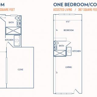Floor plans for a studio and a one-bedroom/convertible apartment.