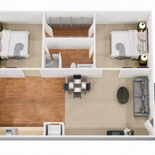 A two-bedroom apartment layout with a living room and dining area.