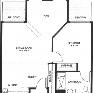 A floor plan of an apartment featuring a living room, bathroom, entry area, and two balconies.