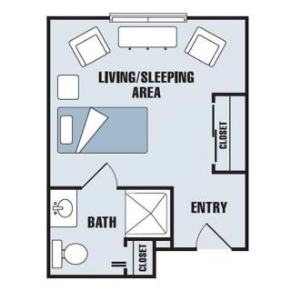 A floor plan of a studio apartment with a combined living and sleeping area, bathroom, and closet.