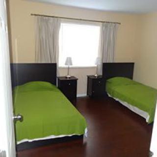 A tidy bedroom featuring two twin beds with green bedding, a shared nightstand with a lamp, and a window with curtains.