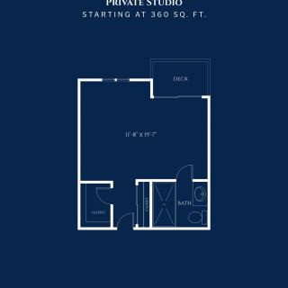 A floor plan of a private studio apartment starting at 360 sq. ft.