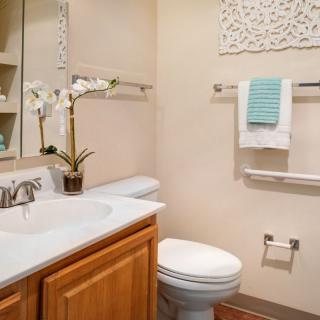 A clean and modern bathroom with a sink, toilet, and decorative elements.