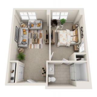 A one-bedroom apartment floor plan with a living room, bathroom, and bedroom.