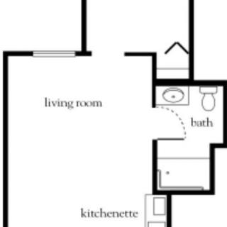 A simple floor plan of an apartment showing a living room, kitchenette, and bathroom.