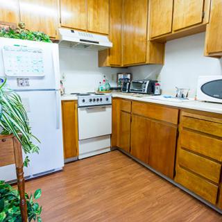 A cozy kitchen featuring wooden cabinets, a stove, and a refrigerator, with plants adding a touch of greenery.