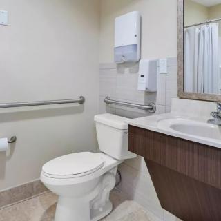 An accessible bathroom with a toilet, sink, and safety handrails.