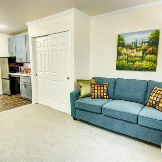 A cozy living room with a blue sofa, colorful cushions, and a kitchen in the background.