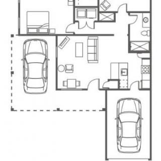 A floor plan illustrating a household layout with two garages, living space, kitchen, and bedrooms.