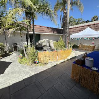 A sunny backyard featuring palm trees, a decorative fence, and a water feature, perfect for outdoor gatherings.