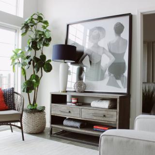 A stylish living room interior featuring a console table adorned with artwork, a lamp, and a large potted plant nearby.