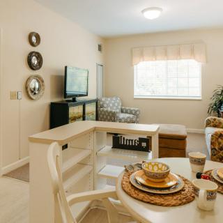Cozy living room with a dining area and soothing natural light.