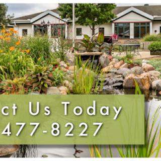 A serene garden scene with a pond and vibrant flowers, inviting you to reach out for more information.