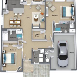 A detailed floor plan of a house featuring three bedrooms, two bathrooms, a kitchen, living room, dining area, and garage.
