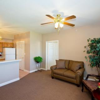 A cozy living room with a sofa, ceiling fan, and a potted plant, offering a partial view of the kitchen.