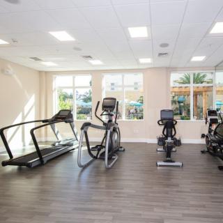 A modern gym featuring a variety of cardio exercise equipment, including treadmills and elliptical machines.