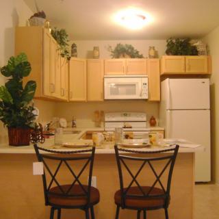 A cozy kitchen with a counter and bar stools, equipped with a fridge and microwave, adorned with plants.