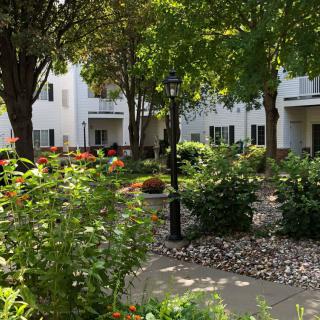 A serene garden area with colorful flowers and lush greenery in a residential setting.