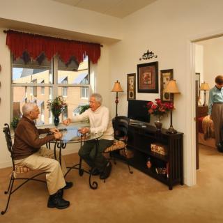 Two seniors engage in conversation at a table in a cozy living room.