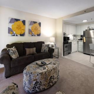 A cozy living room with a sofa and cushions, featuring floral artwork on the wall. The open-plan space leads to a modern kitchen equipped with stainless steel appliances.