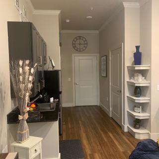 A cozy modern kitchen entrance with wooden flooring and decorative shelving.