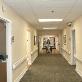 A long hallway with a carpet and several doors on either side.