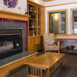 A cozy living room with a fireplace, wooden furniture, and built-in shelves.