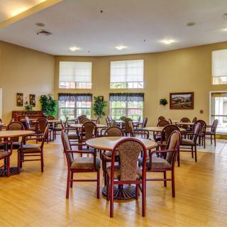 A spacious dining area with multiple tables and chairs, large windows, and decorative plants.