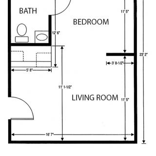 A simple floor plan showing a small apartment layout with a bathroom, bedroom, and living room.