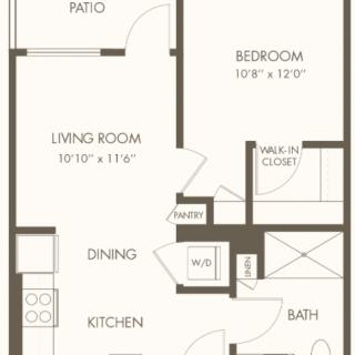 A one-bedroom apartment floor plan showcasing a living room, kitchen, dining area, bathroom, and patio.
