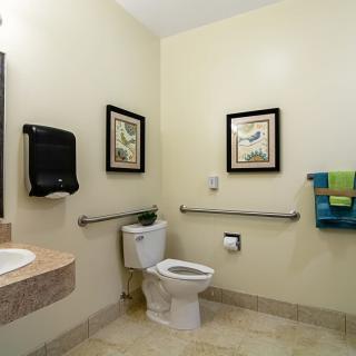A clean, accessible bathroom with a toilet, sink, and decorative artwork.