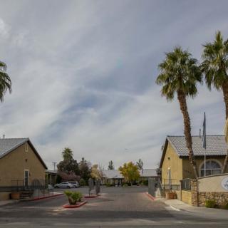 A suburban residential street with palm trees and houses under a cloudy sky.