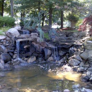 A tranquil outdoor landscape featuring a small waterfall flowing into a serene pond surrounded by rocks and trees.