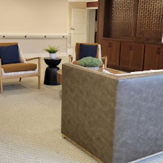 A modern lounge area featuring comfortable seating and decorative plants.