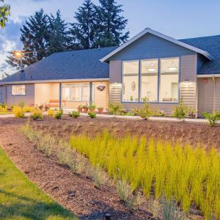 A modern house with large windows, surrounded by well-maintained landscaping and greenery during the evening.
