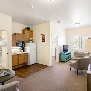 A cozy apartment with a modern living room and compact kitchen area.