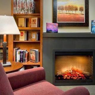 A cozy living room featuring a warm fireplace, a bookshelf filled with books, and a comfortable armchair.