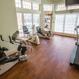 A small gym room featuring various cardio exercise machines including stationary bikes and a treadmill.