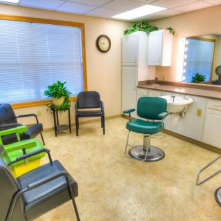 A well-lit salon interior with chairs, a mirror, and potted plants.