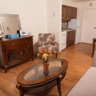 A cozy living area with a kitchenette, featuring elegant furniture and decor.