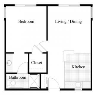 A simple one-bedroom apartment floor plan with living/dining area, kitchen, bathroom, and closet.