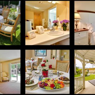 A collage showcasing a cozy dining area, well-decorated bedroom, delicious food spread, and inviting outdoor seating in a garden.