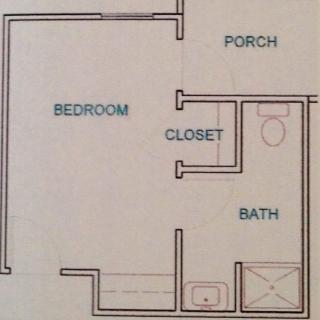 A simple floor plan layout showing a bedroom, bathroom, closet, and porch.
