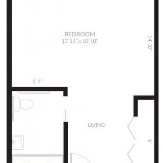 A simple floor plan showing a layout with a bedroom, bathroom, and living area.